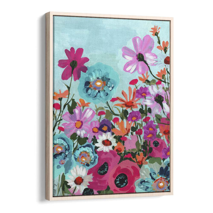 Meadow In June - Pink By Ania Zwara Botanical Flower Paintings Artwork in Oak Wood Floater Frame