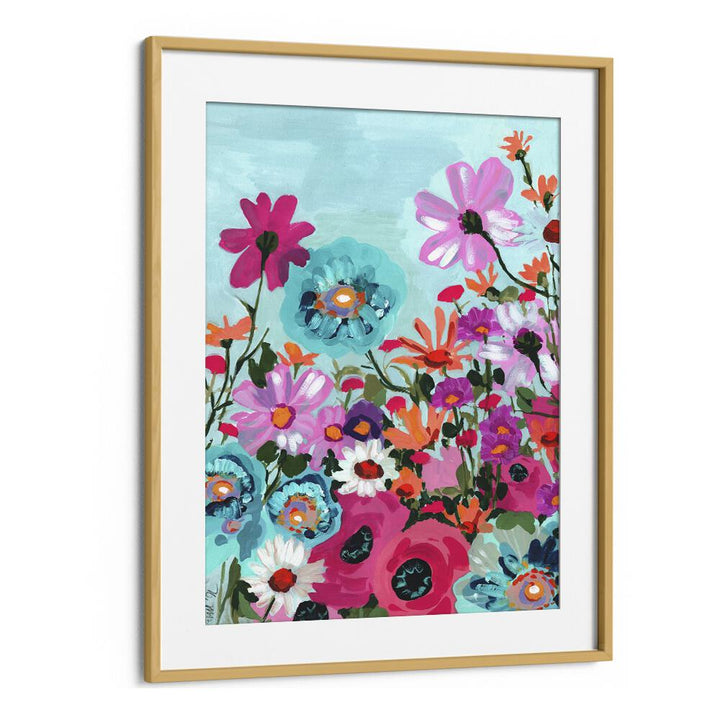 Meadow In June - Pink By Ania Zwara Botanical Flower Paintings Artwork in Oak Wood Frame With Mount