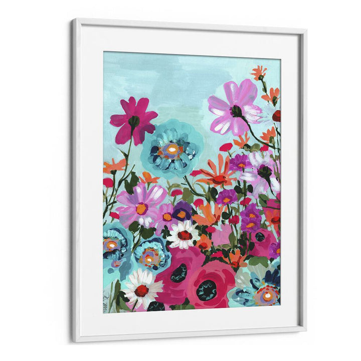 Meadow In June - Pink By Ania Zwara Botanical Flower Paintings Artwork  in White frame With Mount