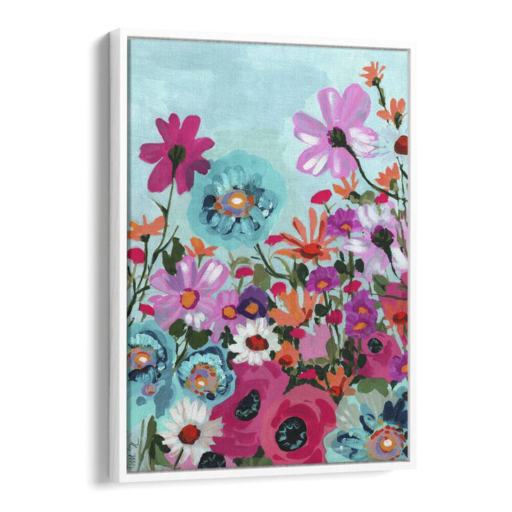 Meadow In June - Pink By Ania Zwara Botanical Flower Paintings Artwork  in White Floater Frame