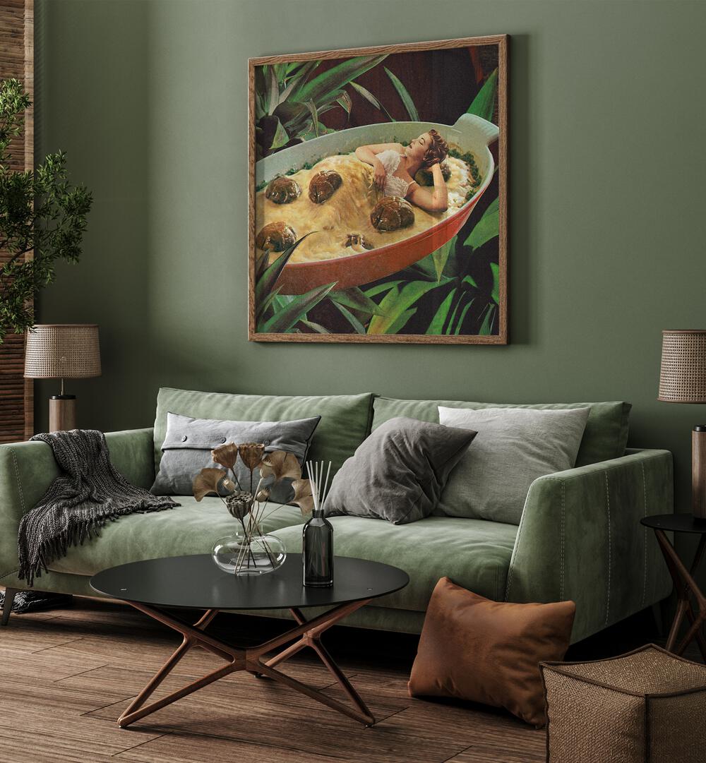 Meatball Extravaganza Surreal Art Painting Artwork in plain oakwood frame behind a sofa for living room