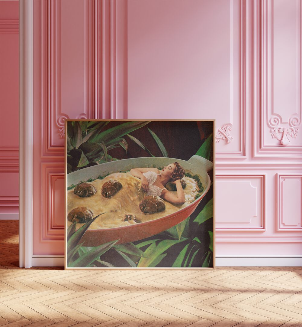 Meatball Extravaganza Surreal Art Painting Artwork in plain oakwood frame on a wooden floor