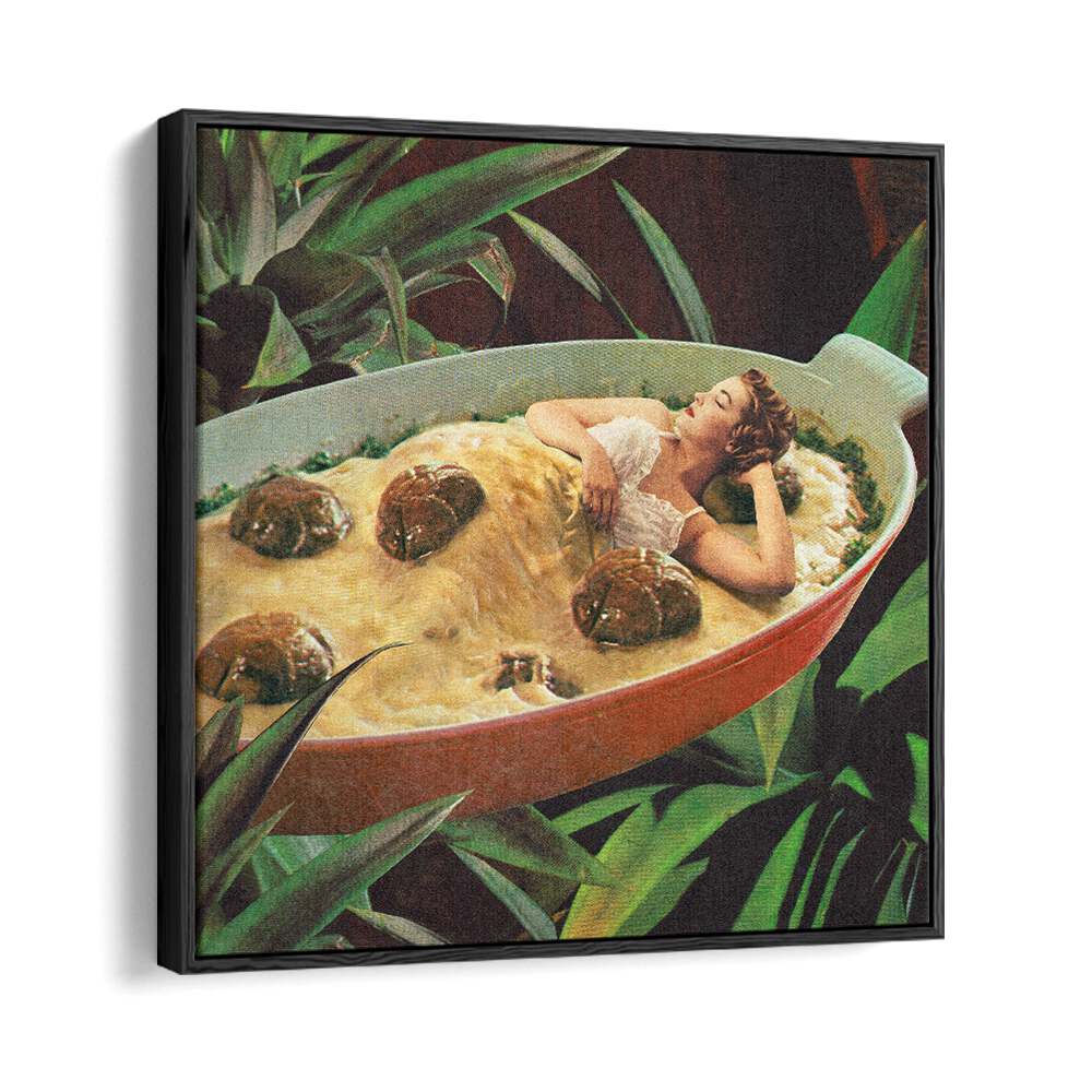 Meatball Extravaganza Surreal Painting Artwork in Black Floater Frame