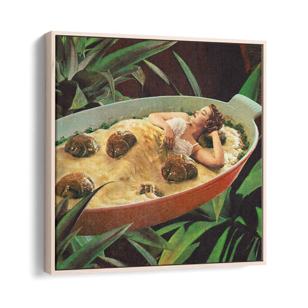 Meatball Extravaganza  Surreal Painting Artwork in Oak Wood Floater Frame
