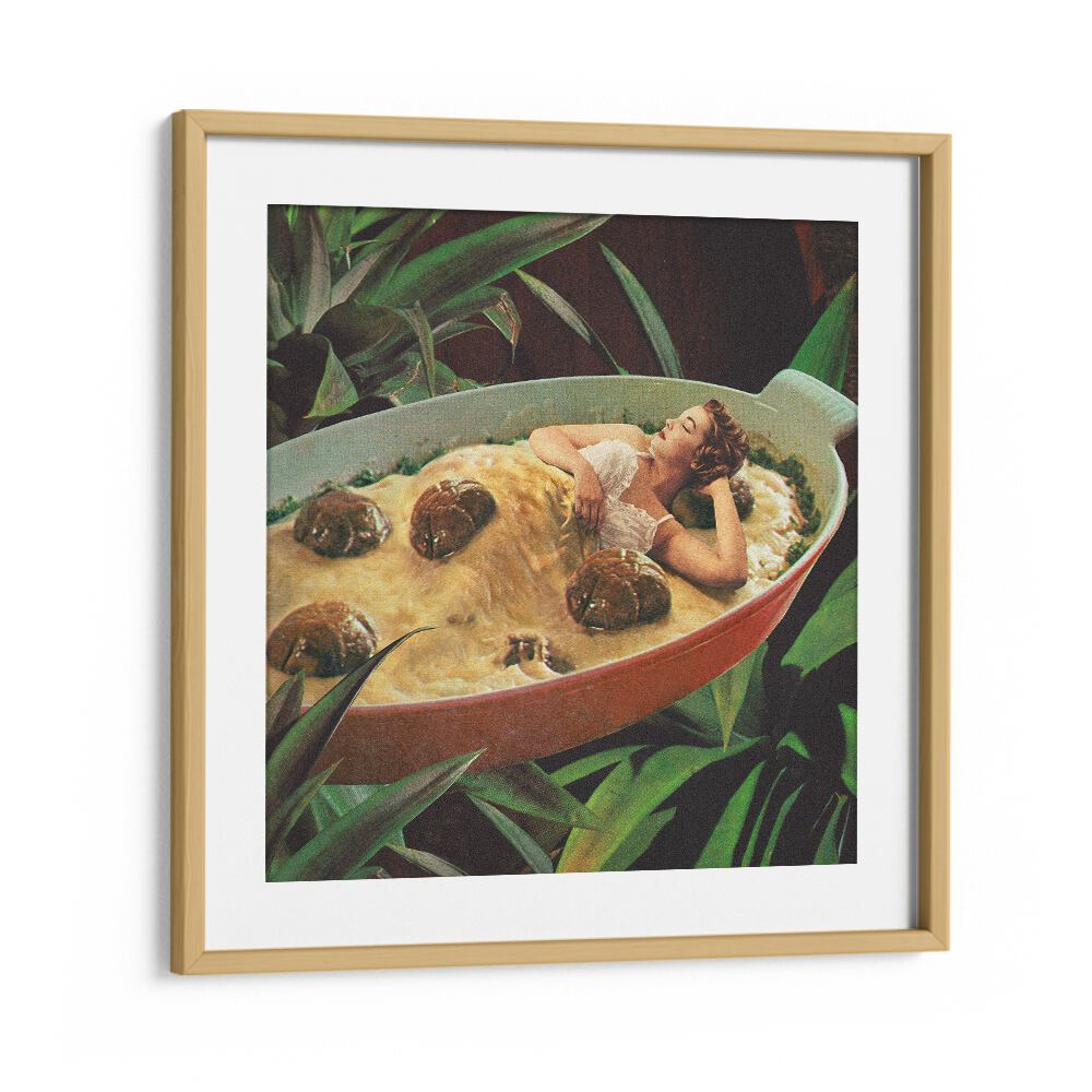 Meatball Extravaganza  Surreal Painting Artwork in Oak Wood Frame With Mount