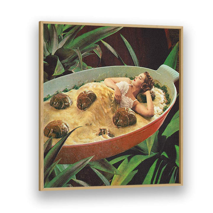 Meatball Extravaganza Surreal Painting Artwork in Oak Wood Plain Frame