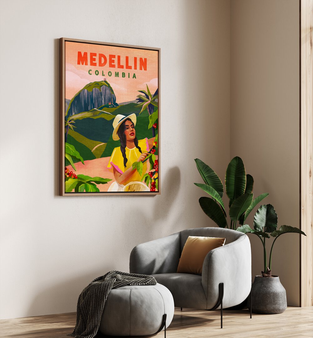 Vibrant MEDELLIN COLOMBIA, VINTAGE TRAVEL POSTERS showcasing charming landscapes and cultural illustrations.