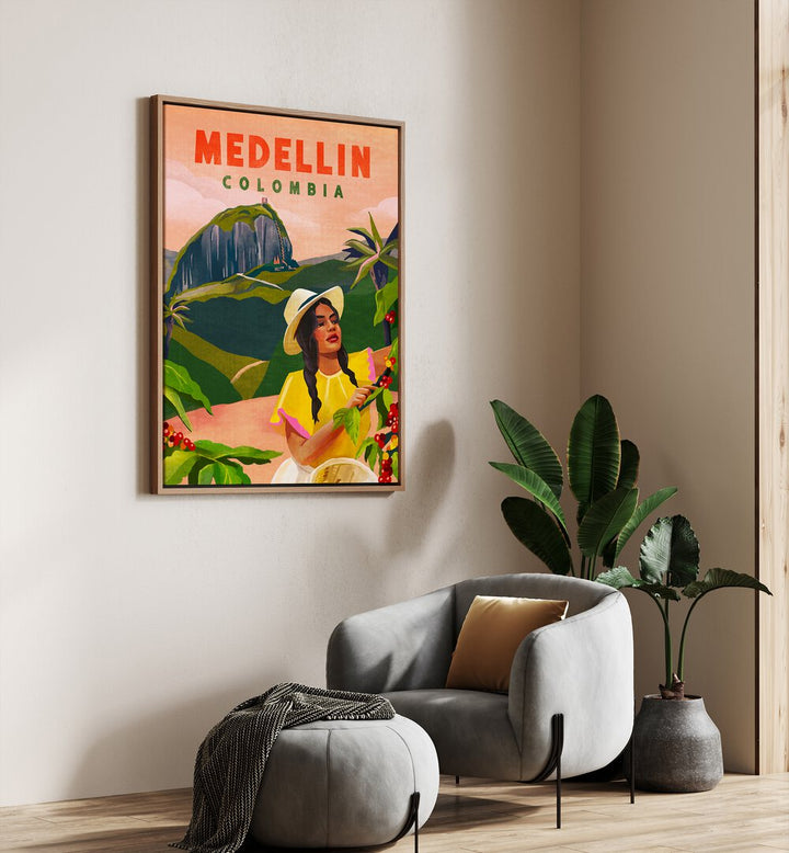 Vibrant MEDELLIN COLOMBIA, VINTAGE TRAVEL POSTERS showcasing charming landscapes and cultural illustrations.