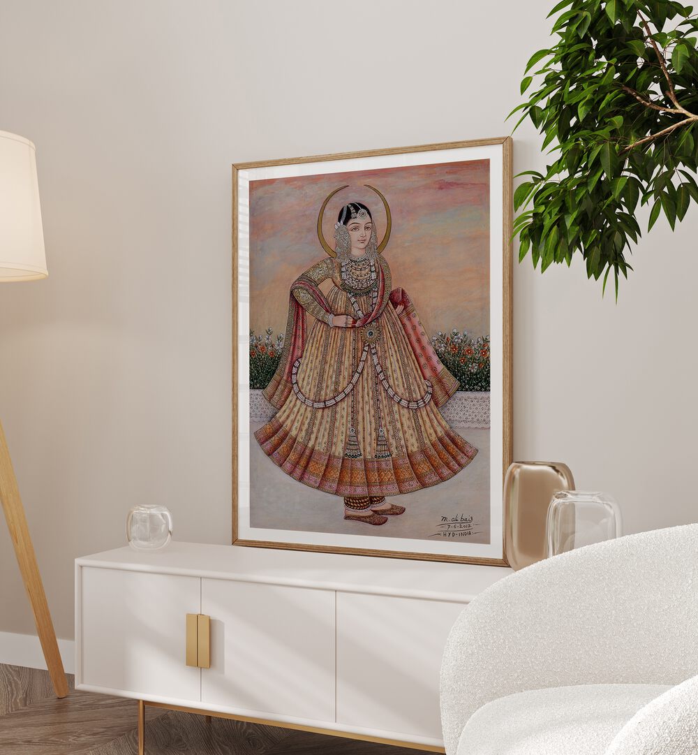 Mehlakha Bai Chanda Artwork Indian Art Painting Artwork in oakwood frame with mount on white table next to a sofa