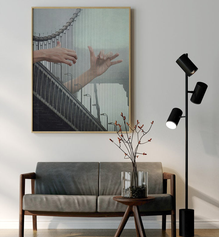 Melodic Bridge Surreal Art Painting Artwork in plain oakwood frame above a sofa on a white wall