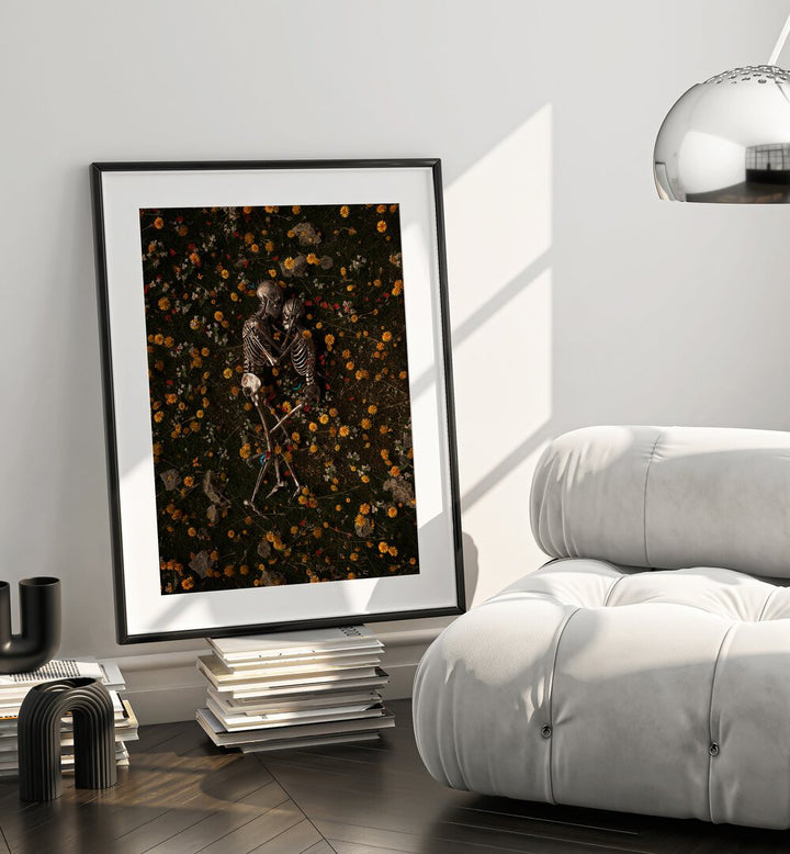 Memento Mori By Francis Minoza Astronaut & Nasa Paintings, Space Art Prints Artwork in Black Frame With Mount placed near a White Sofa in the Living Room