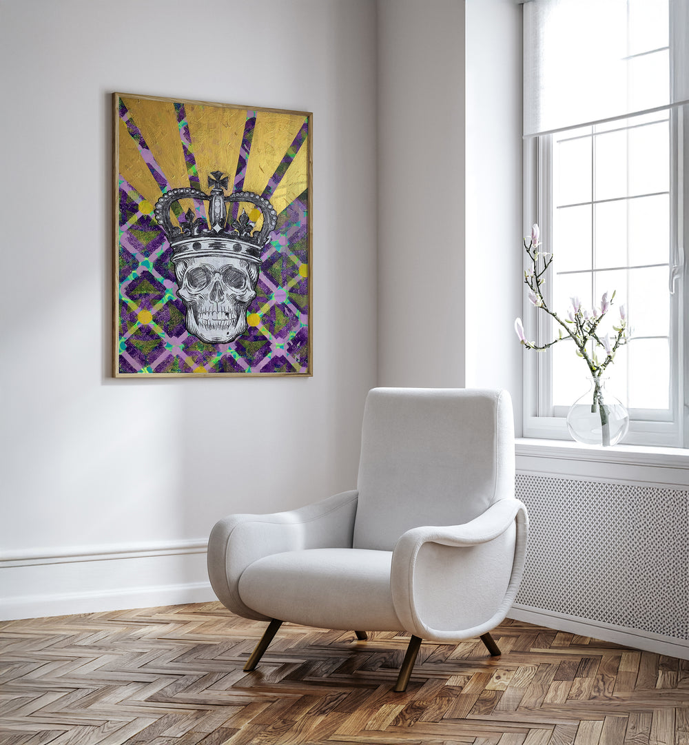 Memento Mori 4.0, Pop Art Paintings, showcase a striking skull crowned, blending art and philosophy beautifully.