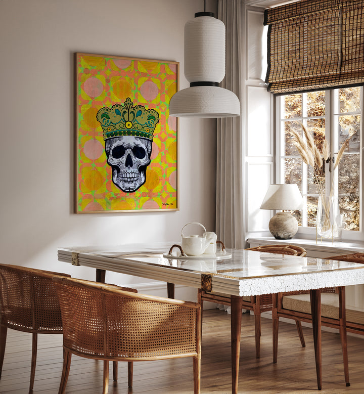 Vibrant MEMENTO MORI 5.0, POP ART PAINTINGS, featuring a skull crowned, enhancing modern decor with philosophical depth.