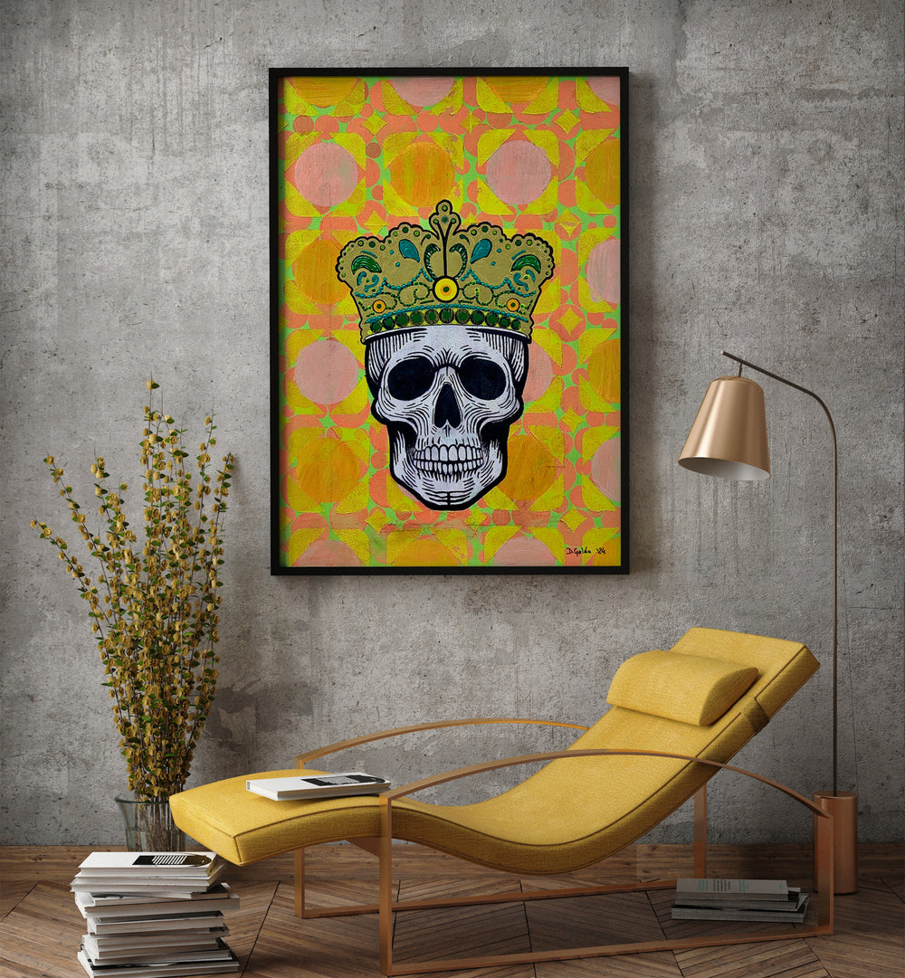 Bold and vibrant MEMENTO MORI 5.0, POP ART PAINTINGS featuring a crowned skull, perfect for mindful decor.