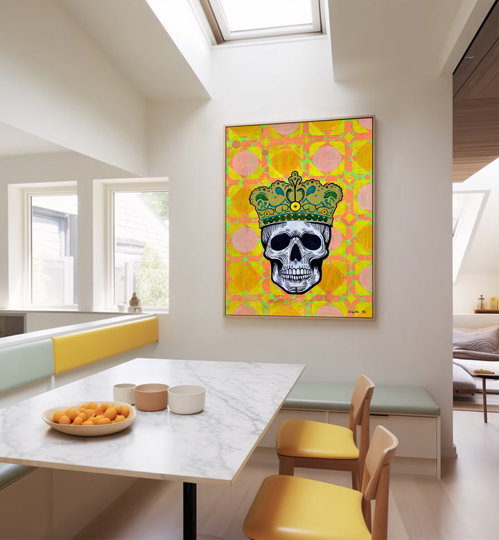 Colorful MEMENTO MORI 5.0, POP ART PAINTINGS, featuring a crowned skull, perfect for modern decor and mindfulness.