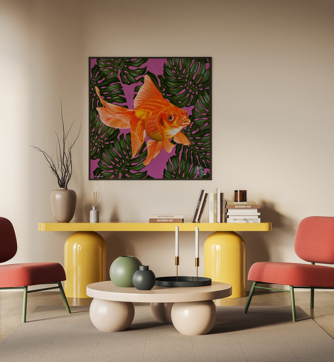 Memories By Christian Beijer , Gold Fish Painting Art Artwork Placed on a wall In A Living Room 