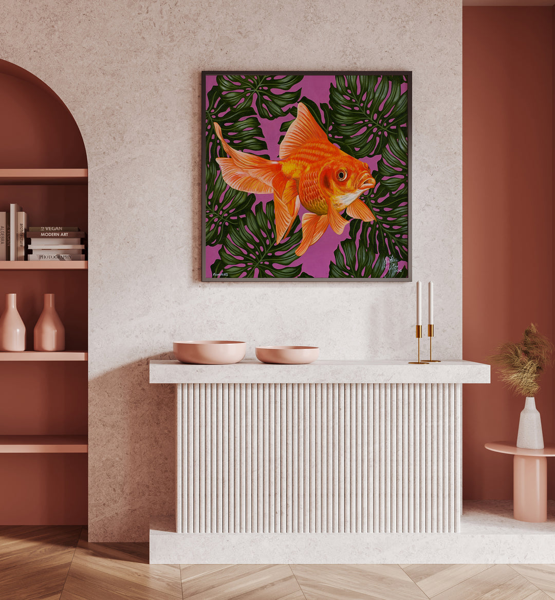 Memories By Christian Beijer , Gold Fish Painting Art Artwork Placed on a wall In A Living Room 