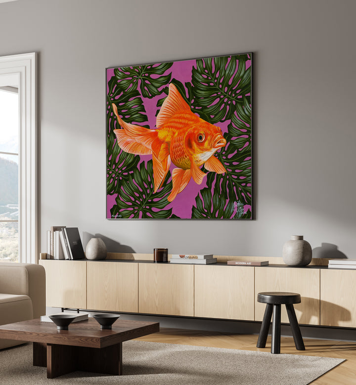 Memories By Christian Beijer , Gold Fish Painting Art Artwork Placed on a wall In A Living Room 