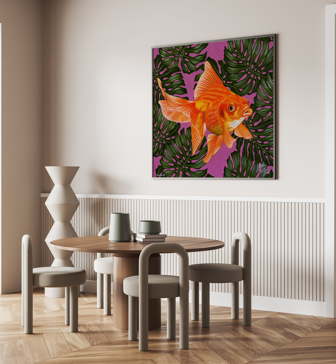 Memories By Christian Beijer , Gold Fish Painting Art Artwork Placed on a wall In A Living Room 