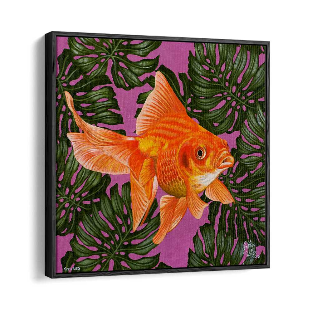 Memories By Christian Beijer , Gold Fish Painting Art in Black Floater Frame
