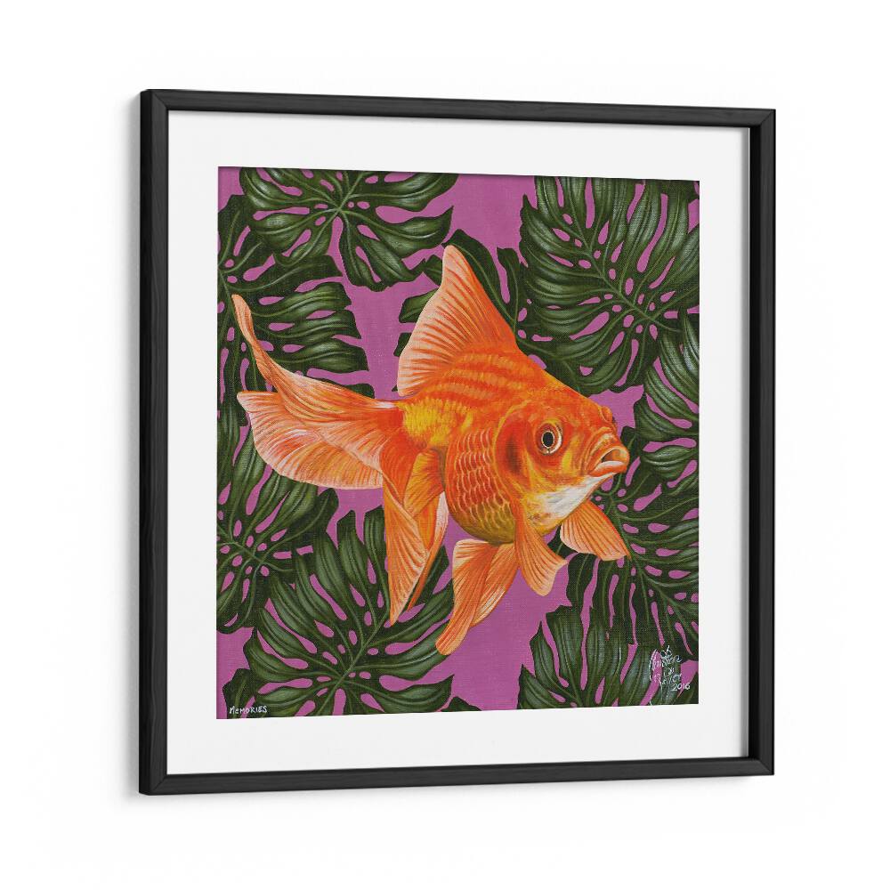 Memories By Christian Beijer , Gold Fish Painting Art in Black Frame With Mount