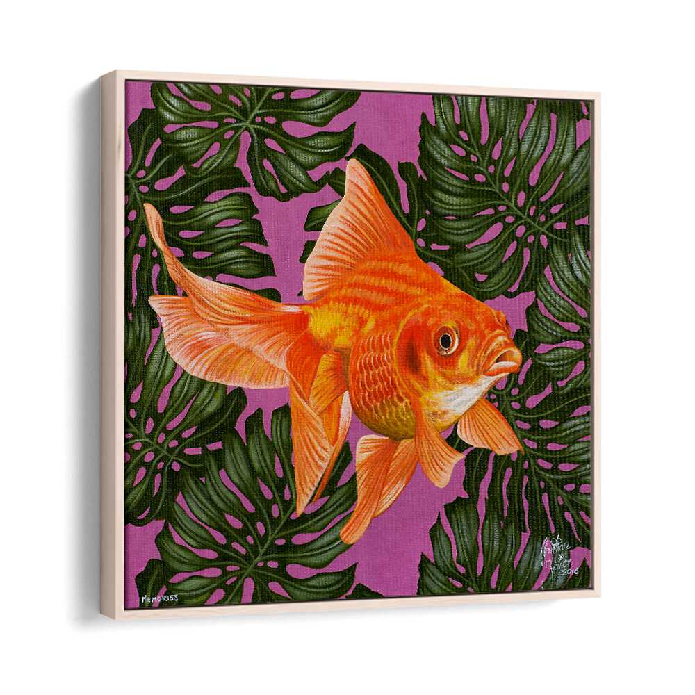 Memories By Christian Beijer , Gold Fish Painting Art in Oak Wood Floater Frame