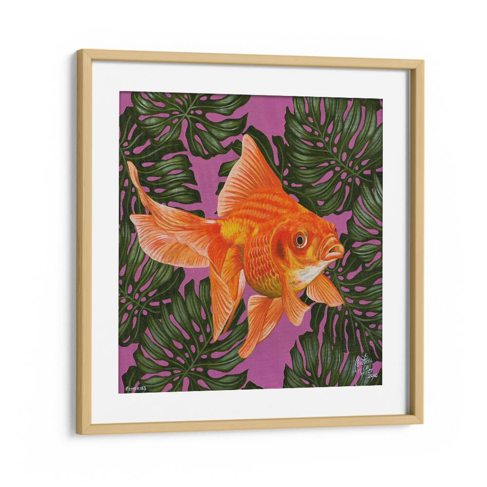 Memories By Christian Beijer , Gold Fish Painting Art in Oak Wood Frame With Mount
