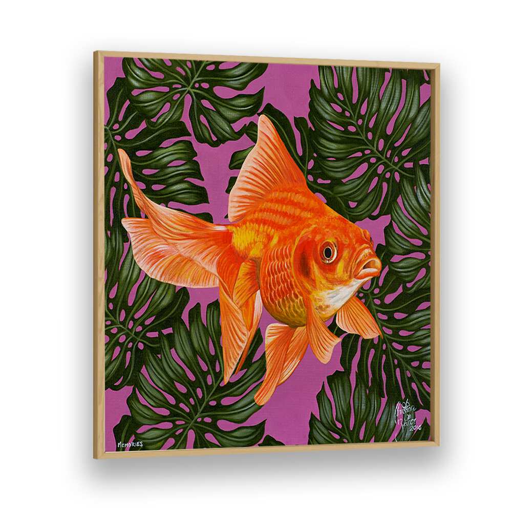 Memories By Christian Beijer , Gold Fish Painting Art  in Oak Wood Plain Frame
