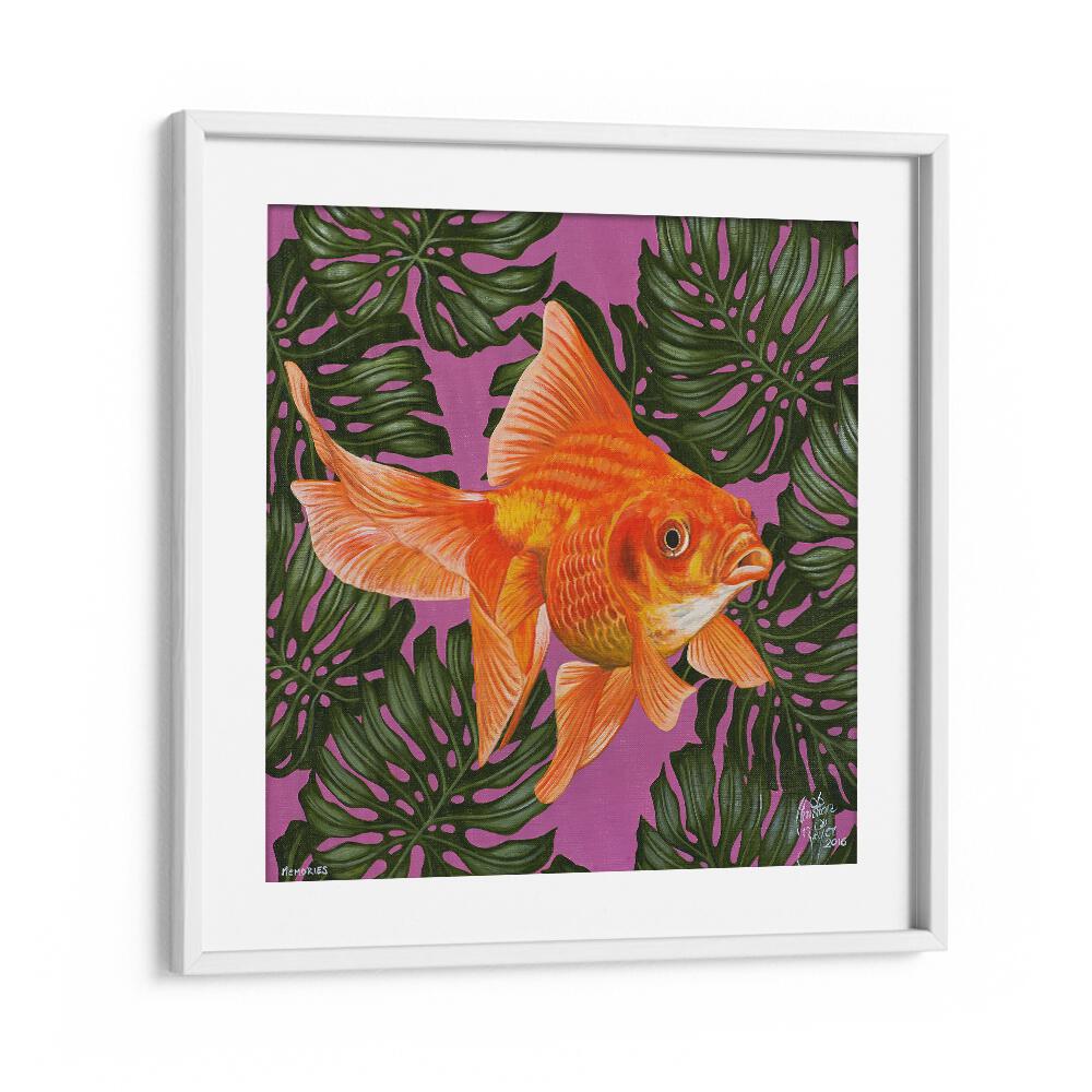 Memories By Christian Beijer , Gold Fish Painting Art  in White frame With Mountk