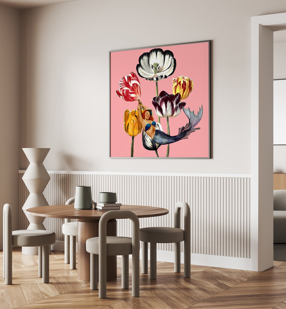 Vibrant MERMAID ON EARTH, PORTRAITS artwork featuring a mermaid among colorful flowers, adding enchantment to your space.