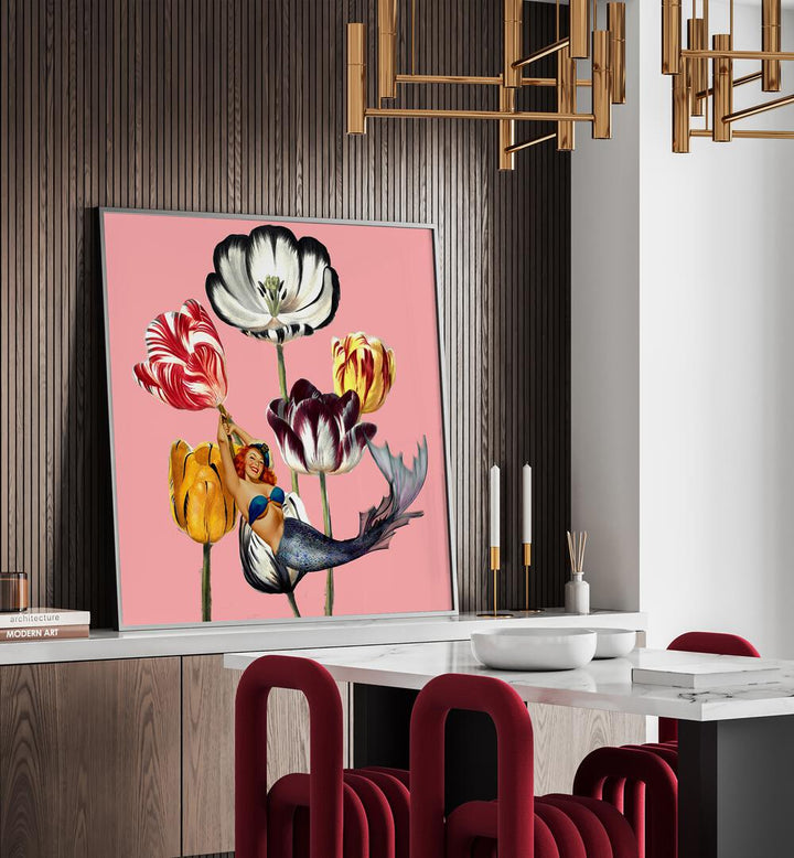 Elegant MERMAID ON EARTH , PORTRAITS illustration featuring a mermaid among vibrant flowers, adding charm to your decor.