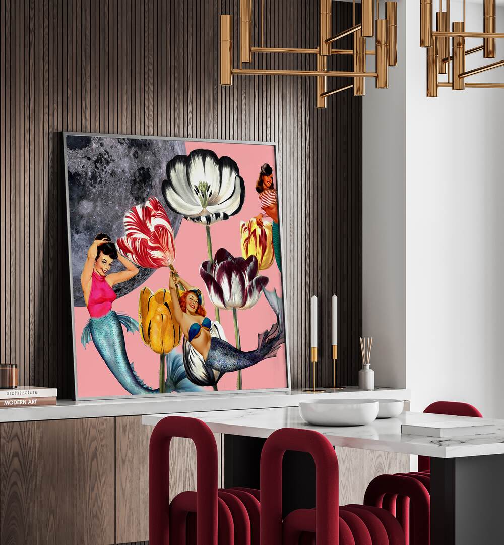 Whimsical MERMAID ON THE MOON, PORTRAITS artwork brightens any space with enchanting mermaid and floral designs.