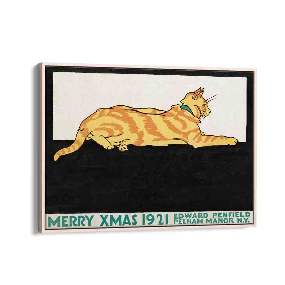 Merry Xmas Edward Penfield art painting Artwork in Oak Wood Floater Frame