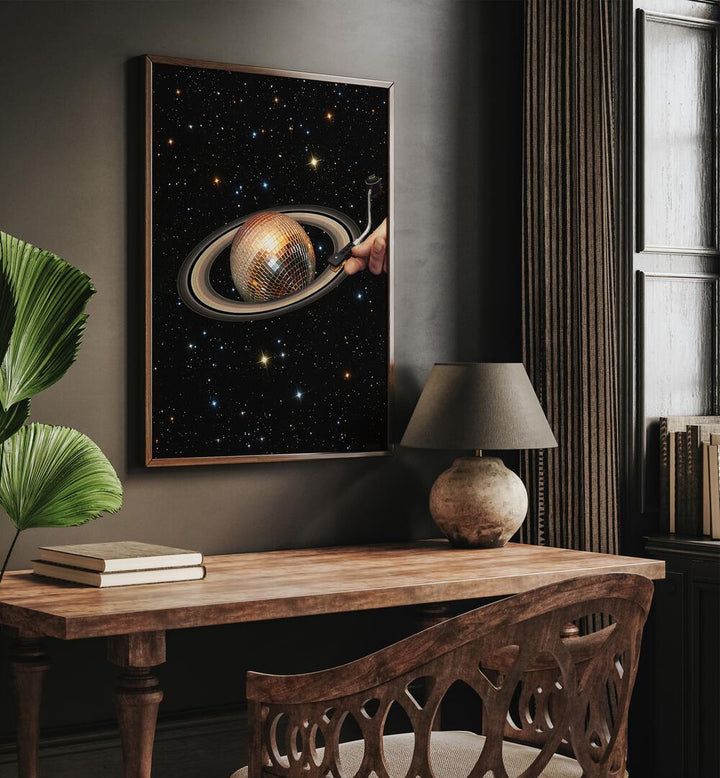 Meteor Mashup I Surreal Art Painting Artwork in darkwood frame above a study table for study room