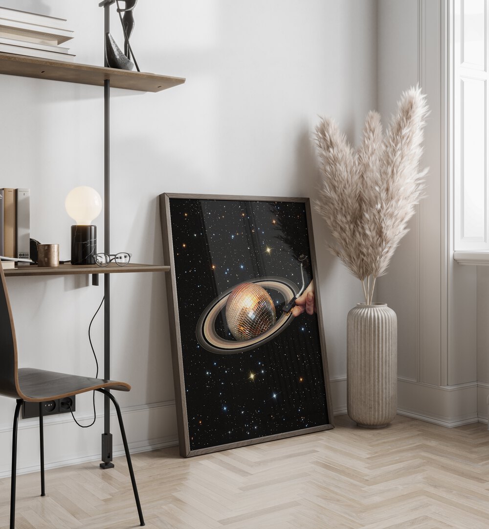 Meteor Mashup I Surreal Art Painting Artwork in dark wood frame on a wooden floor beside a flower pot