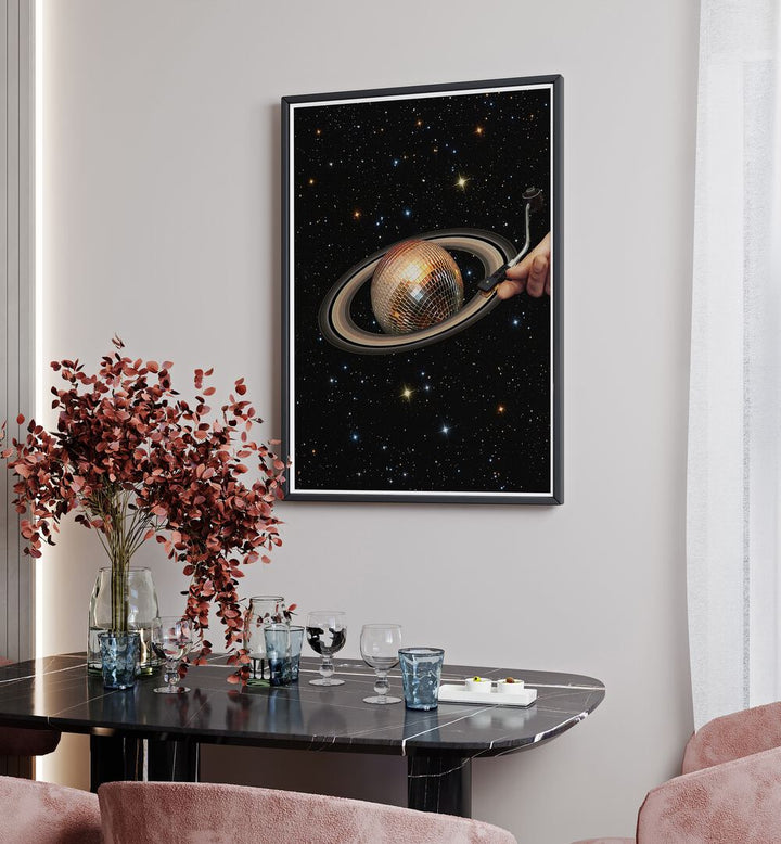 Meteor Mashup I Surreal Art Painting Artwork in black frame with mount above a dining table for dining area