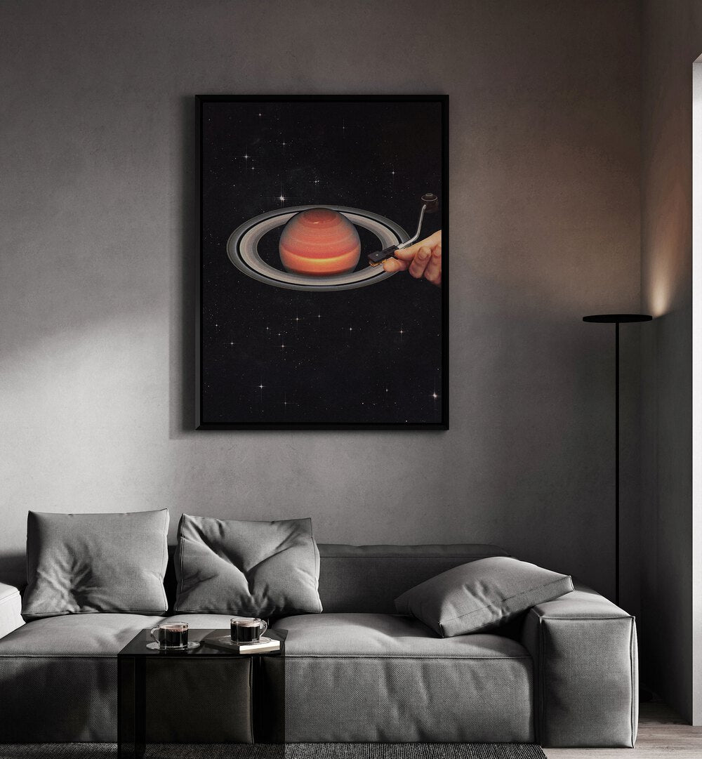 Meteor Mashup II Surreal Art Painting Artwork in plain black frame behind a sofa for living room