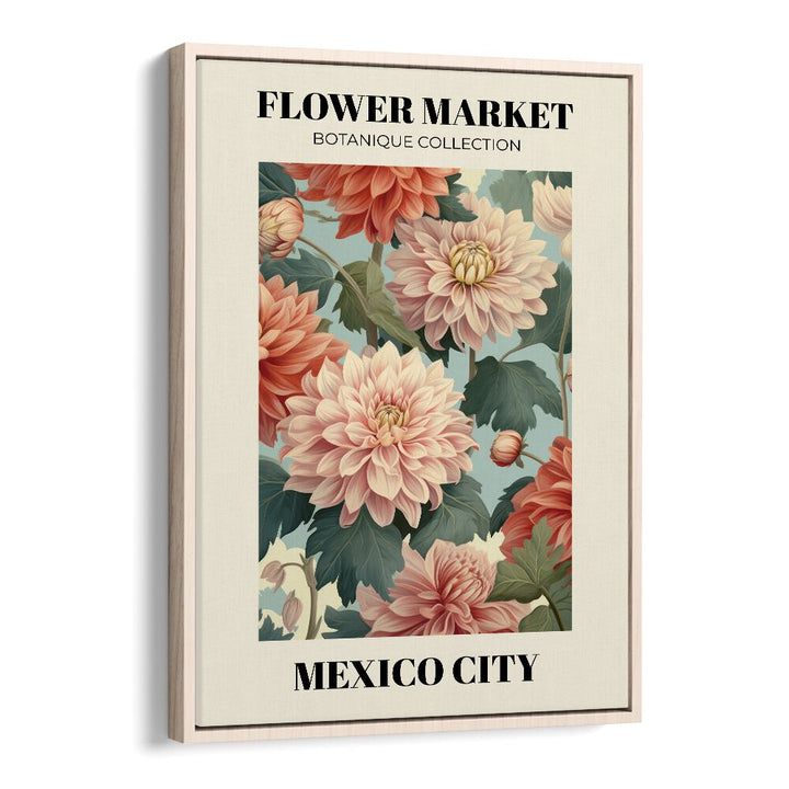 Mexico City Flower Marketo    Botanical Flower Paintings Artwork in Oak Wood Floater Frame