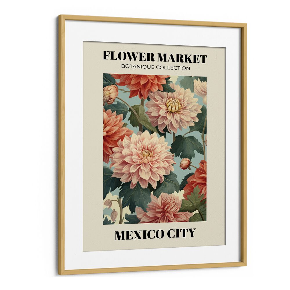 Mexico City  Flower Marketo   Botanical Flower Paintings Artwork in Oak Wood Frame With Mount