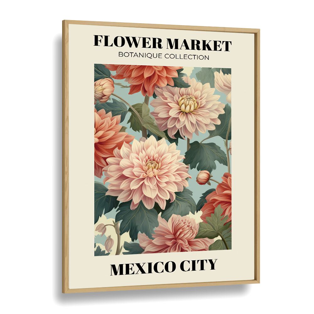 Mexico City Flower Marketo   Botanical Flower Paintings Artwork in Oak Wood Plain Frame