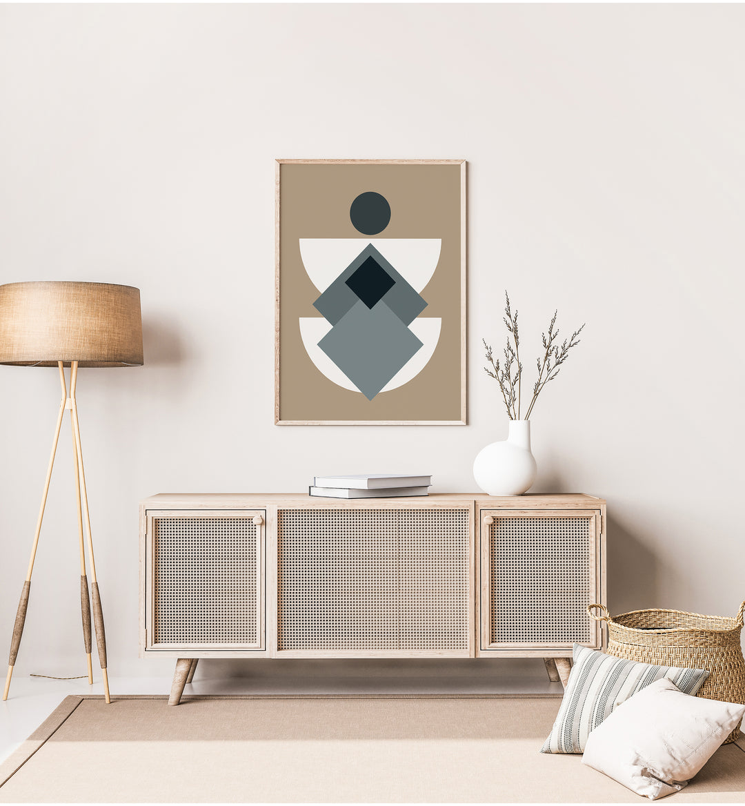 Mid Century In Greys Geometric Art Artwork Placed on a wall In A Living Room 