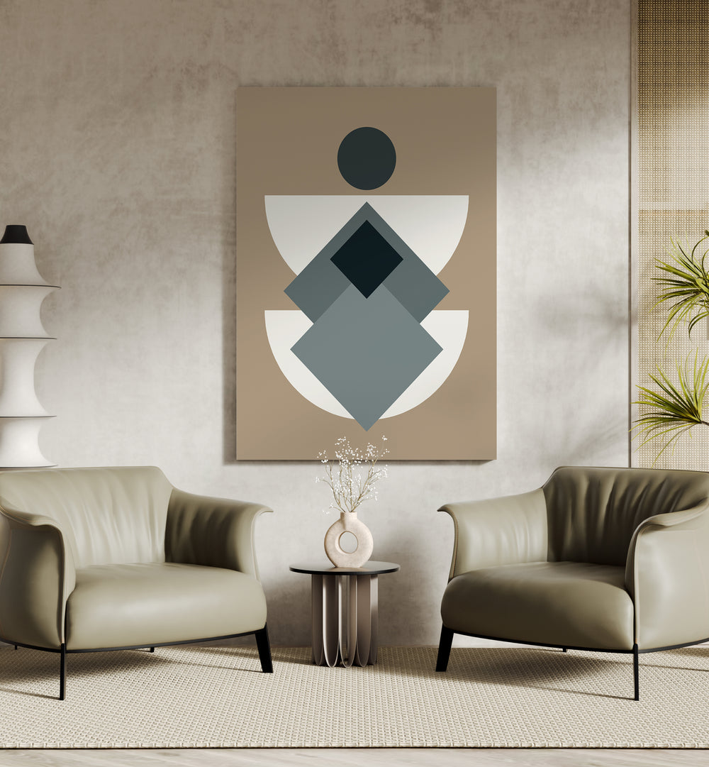 Mid Century In Greys Geometric Art Artwork Placed on a wall In A Living Room 