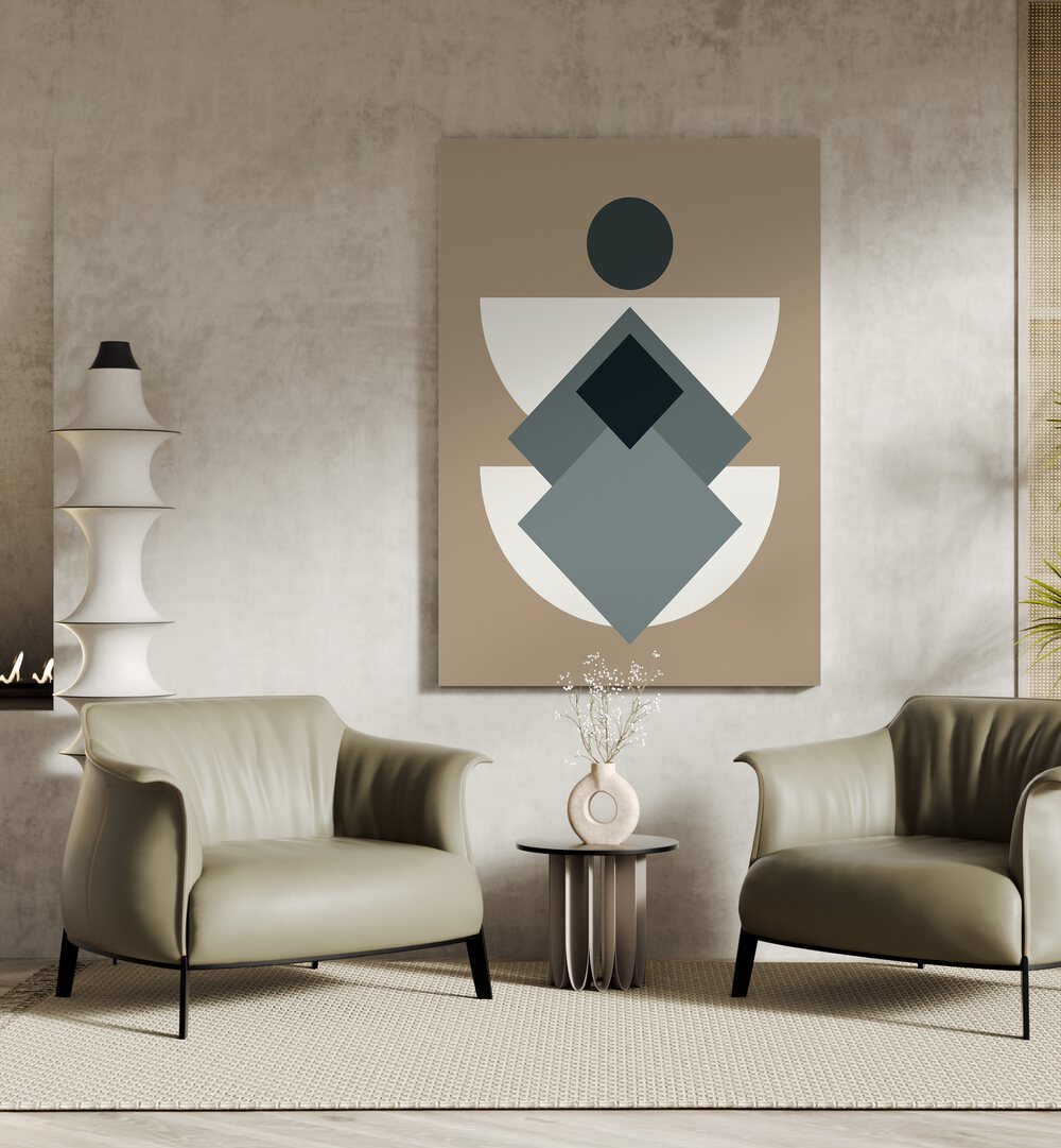 Mid Century In Greys Geometric Art Artwork  placed on a wall