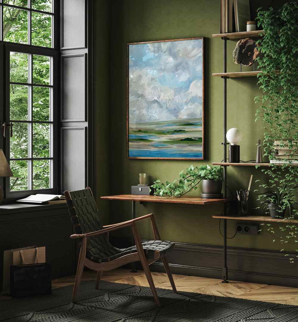 Serene interior featuring MID DAY MARSH, LANDSCAPE PAINTINGS, creating a tranquil atmosphere in modern decor.