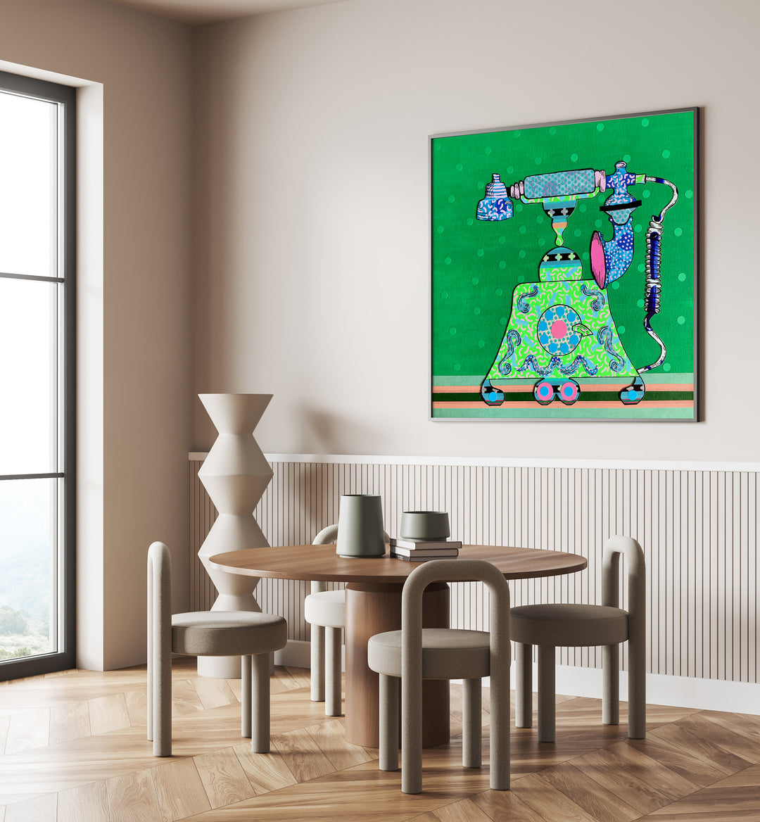 Colorful MIDNIGHT CALL, POP ART PAINTINGS adorns a modern living space, merging elegance with unique decor style.