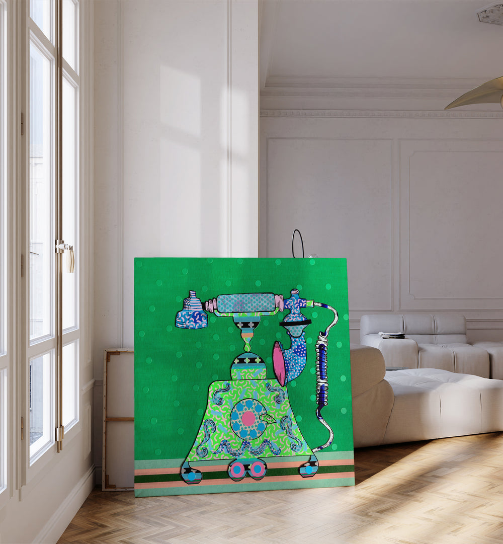Colorful MIDNIGHT CALL, POP ART PAINTINGS featuring a retro phone, perfect for modern home decor elegance.