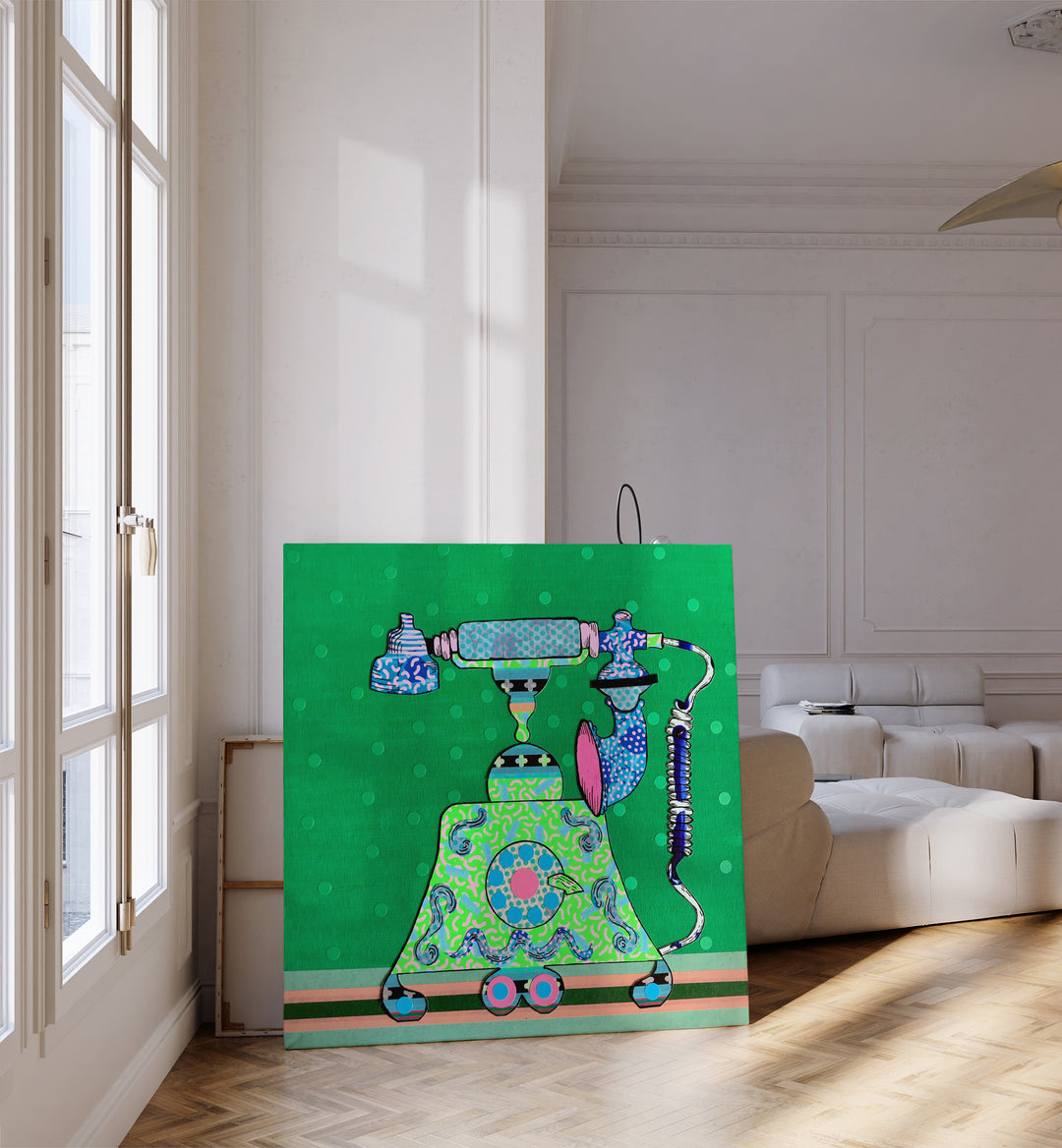 Colorful MIDNIGHT CALL, POP ART PAINTINGS featuring a retro phone, perfect for modern home decor elegance.