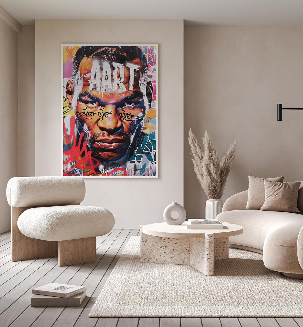 Mike Tyson Art Pop Artwork in white plain frame behind beige sofa on beige wall for living room