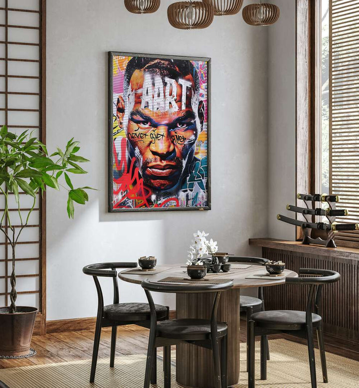 Mike Tyson Art Pop Artwork in black plain frame on white wall for dining area