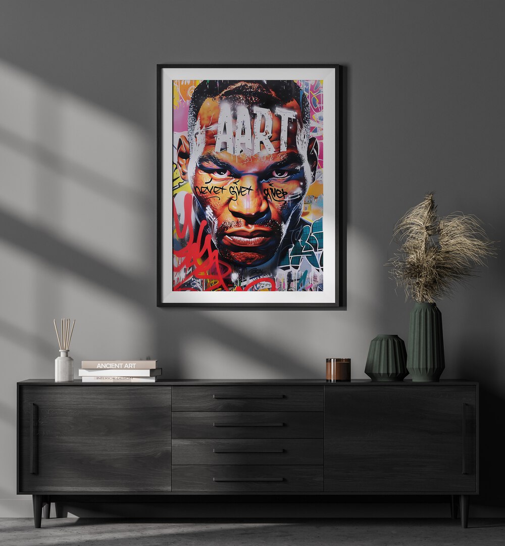 Mike Tyson Art Pop Artwork above a black table in black mount frame on grey wall 